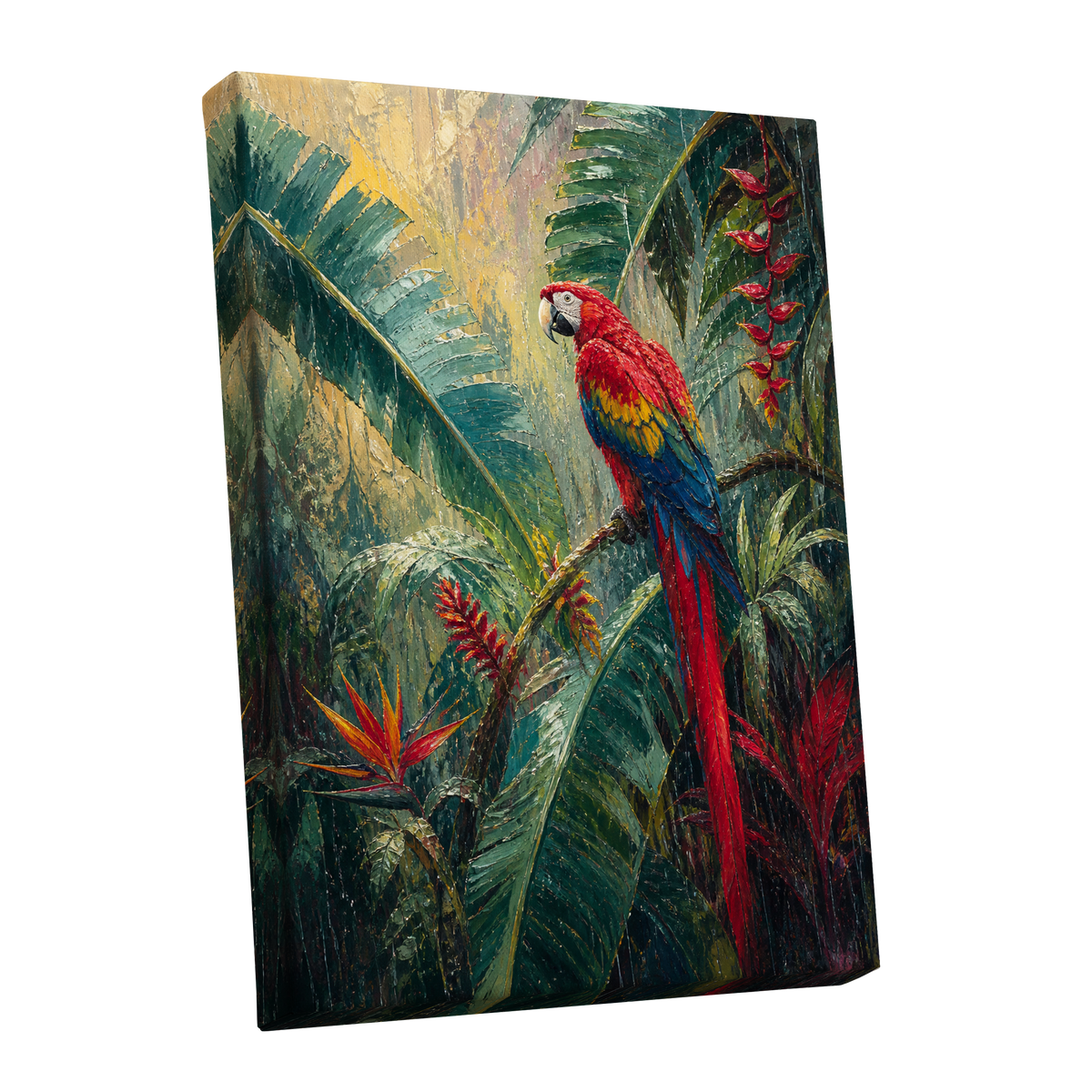 Scarlet Canopy, green, red, blue nature wall art shown as a stretched canvas wall art