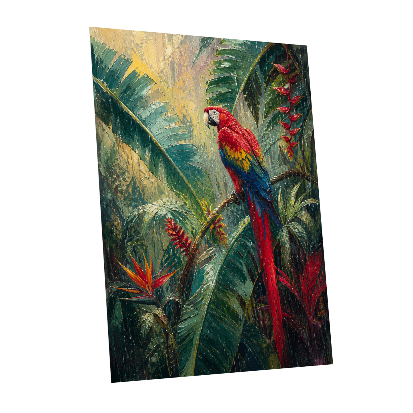 Scarlet Canopy, green, red, beige nature wall art shown as a unframed poster wall art print