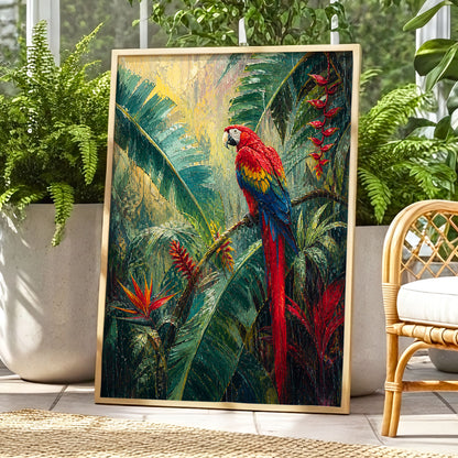 Scarlet Canopy, green, red, beige nature wall art displayed in a styled interior, gallery view 1