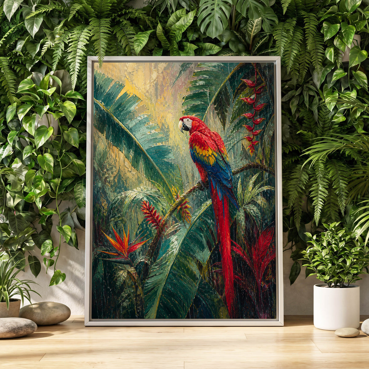 Scarlet Canopy, green, red, blue nature wall art displayed in a styled interior, gallery view 1