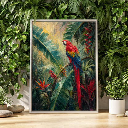 Scarlet Canopy, green, red, blue nature wall art displayed in a styled interior, gallery view 1