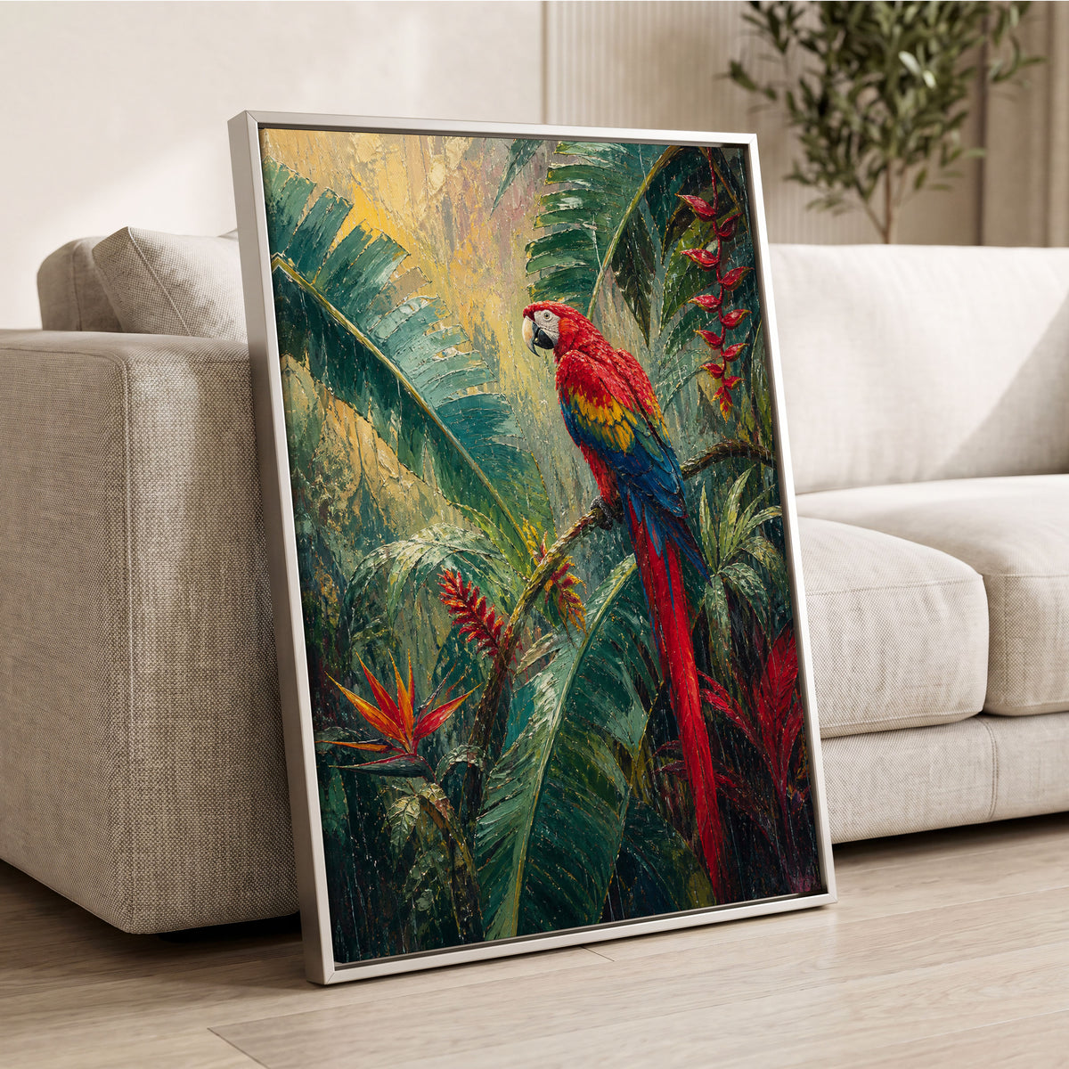Scarlet Canopy, green, red, beige nature wall art displayed in a styled interior, gallery view 2