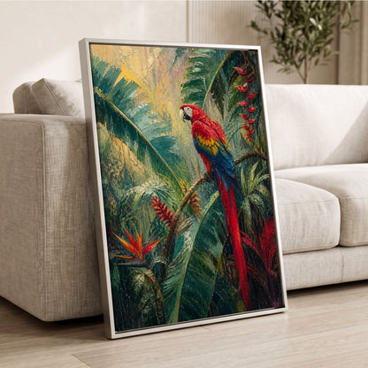 Scarlet Canopy, green, red, beige nature wall art displayed in a styled interior, gallery view 2