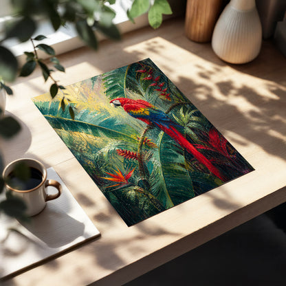 Scarlet Canopy, green, red, beige nature wall art displayed in a styled interior, gallery view 3