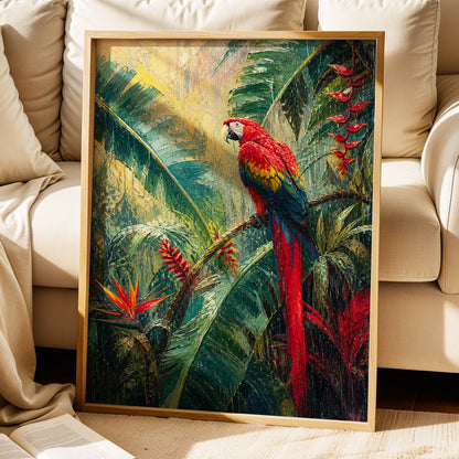 Scarlet Canopy, green, red, blue nature wall art displayed in a styled interior, gallery view 3
