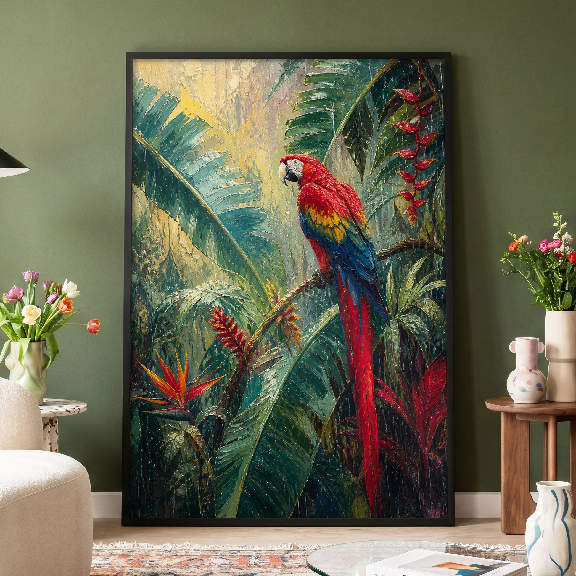 Scarlet Canopy, green, red, beige nature wall art displayed in a styled interior, gallery view 4