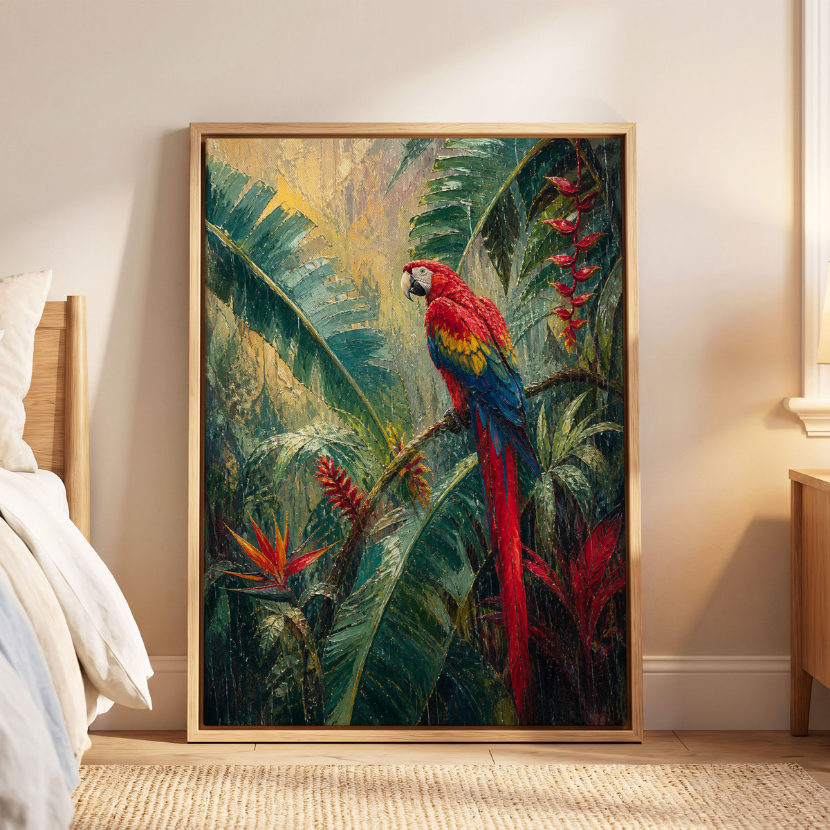 Scarlet Canopy, green, red, blue nature wall art displayed in a styled interior, gallery view 5
