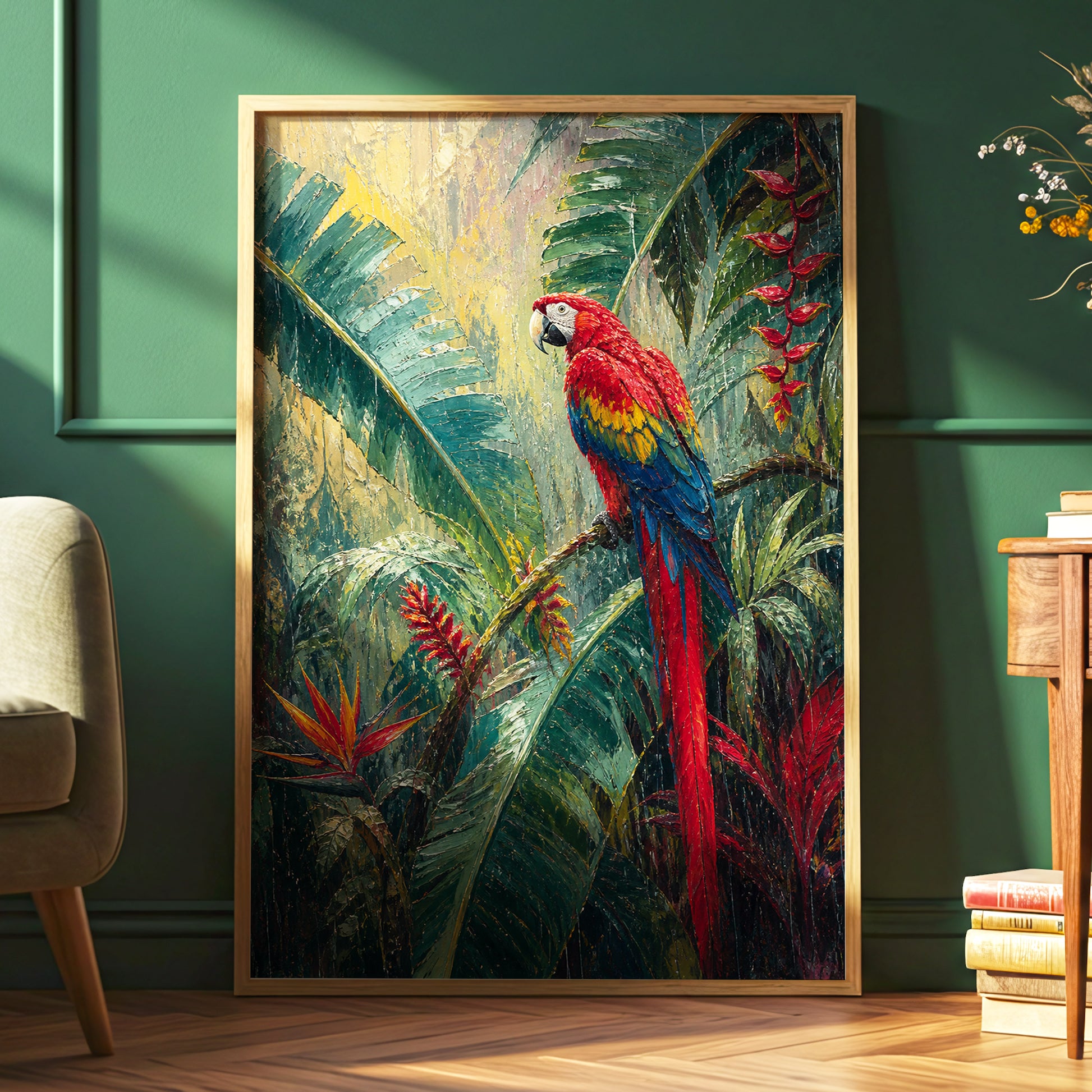 Scarlet Canopy, green, red, beige nature wall art displayed in a styled interior, gallery view 6