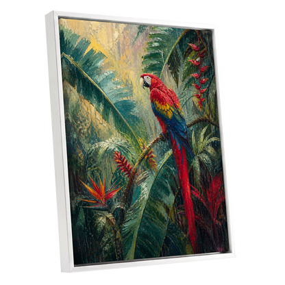 Scarlet Canopy, green, red, beige nature wall art shown as a white framed canvas wall art