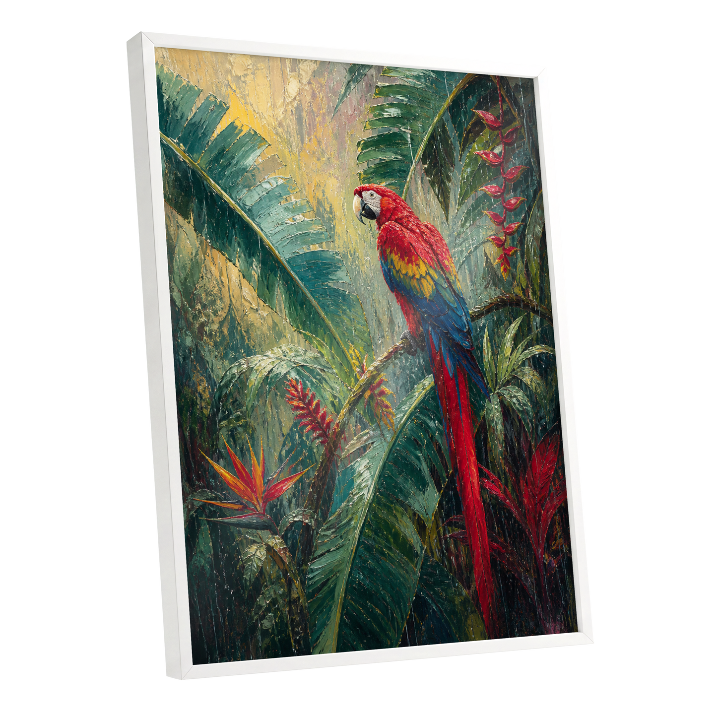 Scarlet Canopy, green, red, beige nature wall art shown as a white framed poster wall art print
