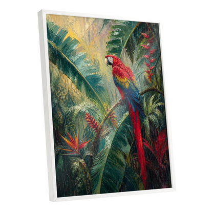 Scarlet Canopy, green, red, blue nature wall art shown as a white framed poster wall art print