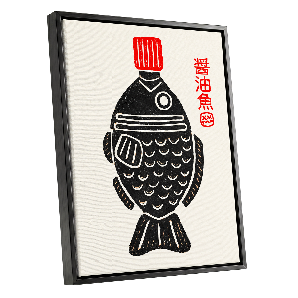 Scarlet Cap Fish, black, red, beige minimalist wall art shown as a black framed canvas wall art