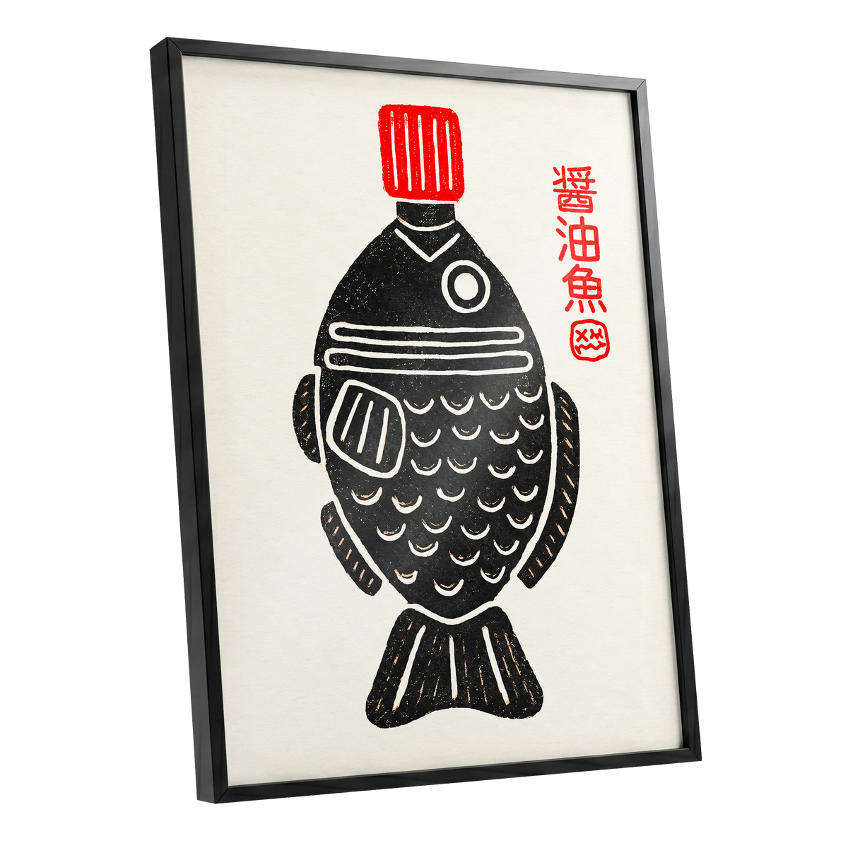 Scarlet Cap Fish, black, red, beige minimalist wall art shown as a black framed poster wall art print