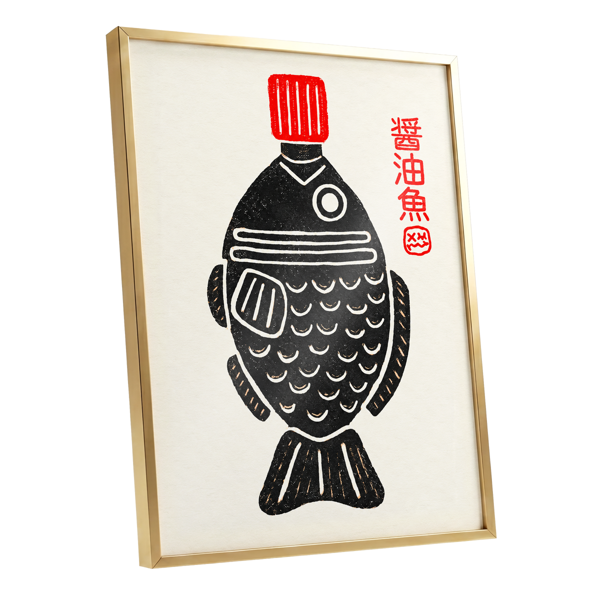 Scarlet Cap Fish, black, red, beige minimalist wall art shown as a gold framed poster wall art print