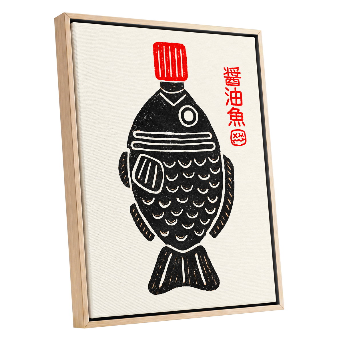 Scarlet Cap Fish, black, red, beige minimalist wall art shown as a oak framed canvas wall art