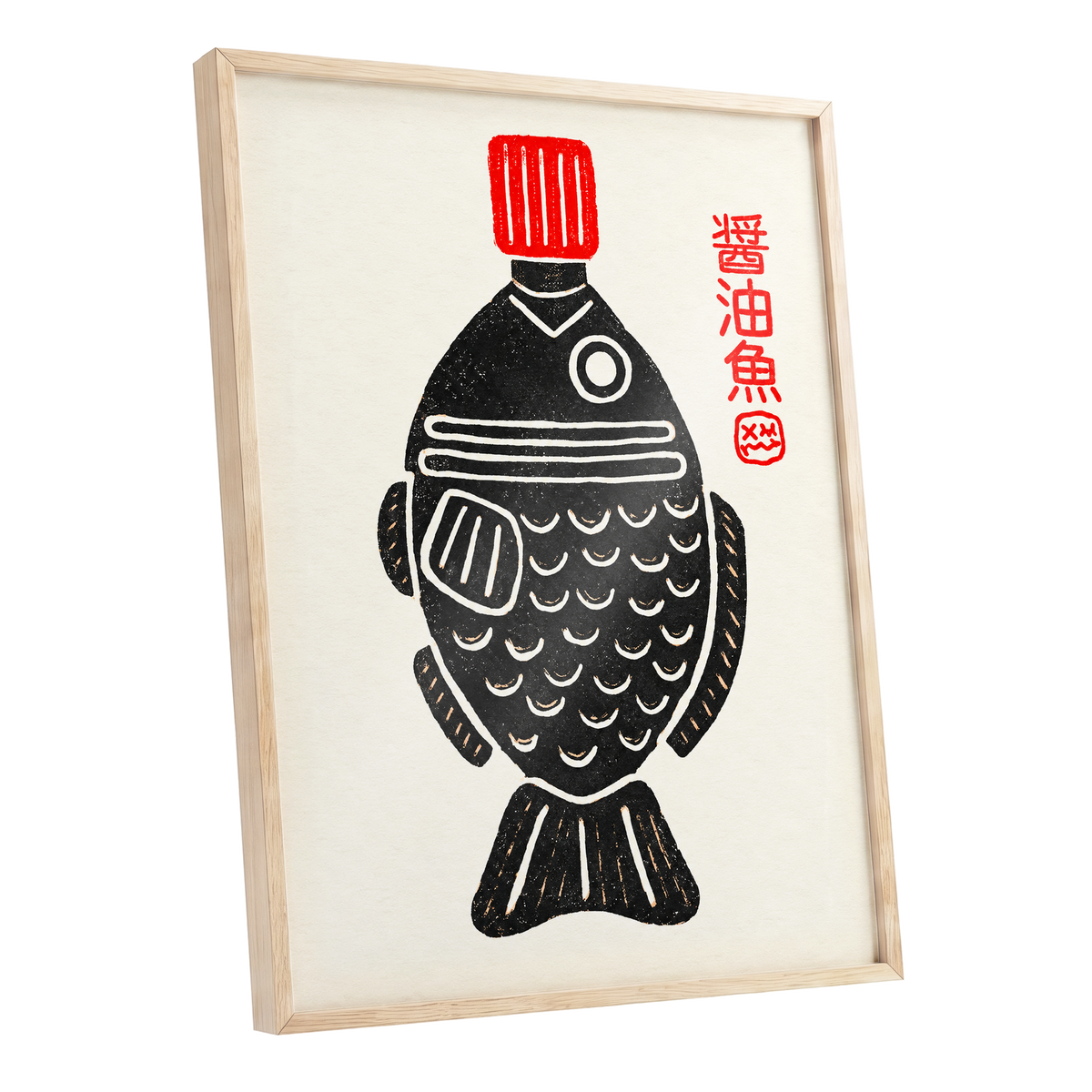 Scarlet Cap Fish, black, red, beige minimalist wall art shown as a oak framed poster wall art print