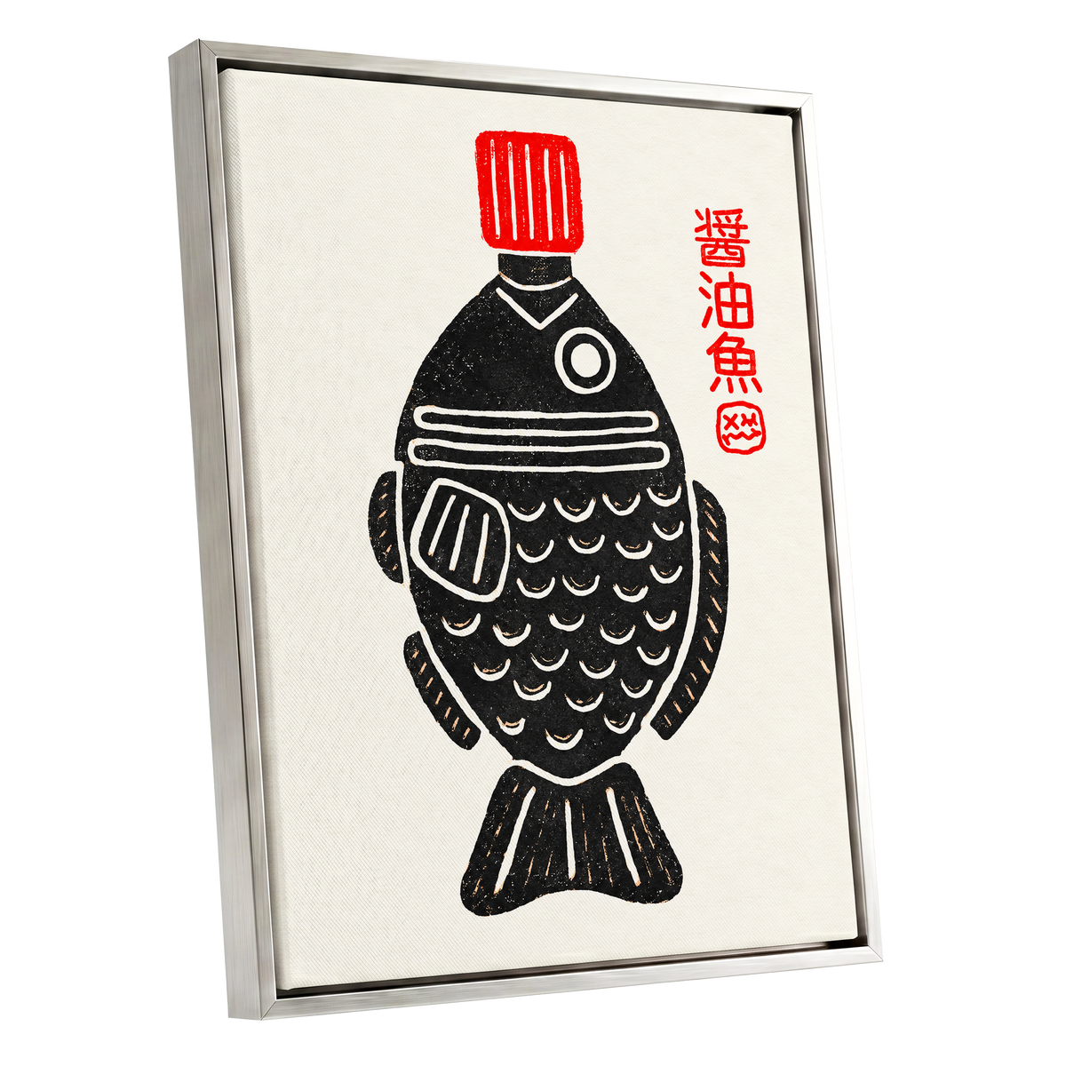 Scarlet Cap Fish, black, red, beige minimalist wall art shown as a silver framed canvas wall art