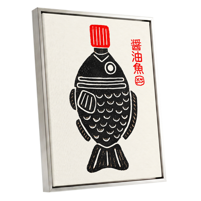 Scarlet Cap Fish, black, red, beige minimalist wall art shown as a silver framed canvas wall art