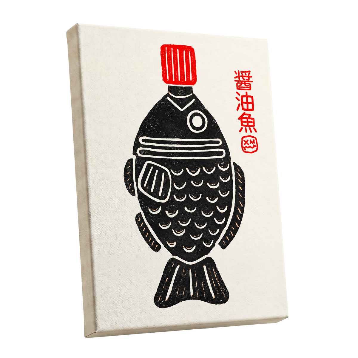 Scarlet Cap Fish, black, red, beige minimalist wall art shown as a stretched canvas wall art