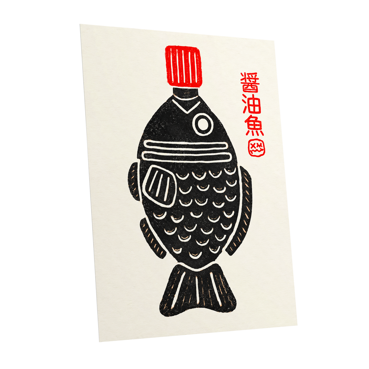 Scarlet Cap Fish, black, red, beige minimalist wall art shown as a unframed poster wall art print