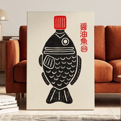 Scarlet Cap Fish, black, red, beige minimalist wall art displayed in a styled interior, gallery view 3