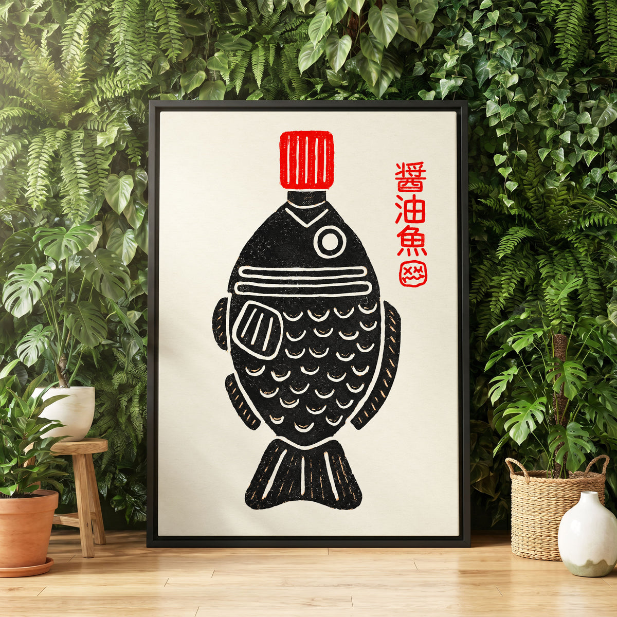 Scarlet Cap Fish, black, red, beige minimalist wall art displayed in a styled interior, gallery view 4