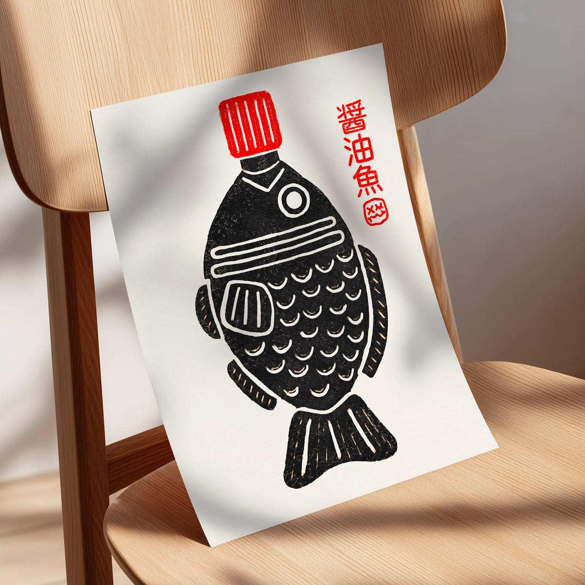 Scarlet Cap Fish, black, red, beige minimalist wall art displayed in a styled interior, gallery view 5