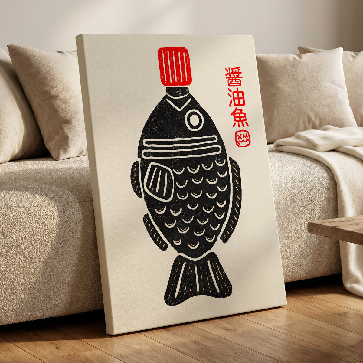 Scarlet Cap Fish, black, red, beige minimalist wall art displayed in a styled interior, gallery view 7