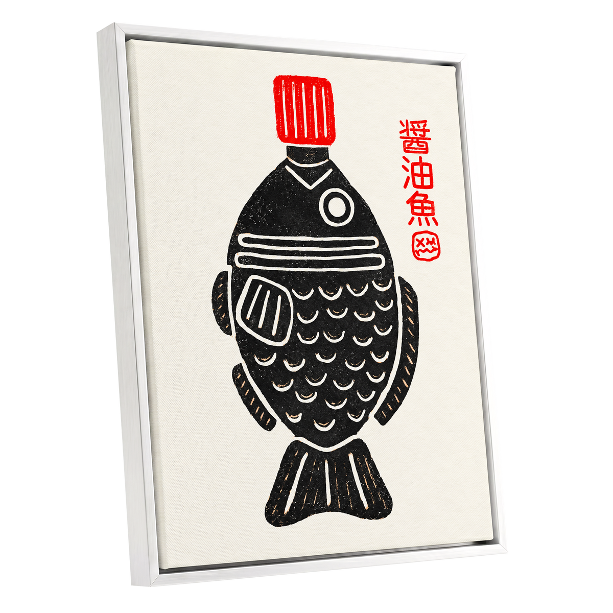 Scarlet Cap Fish, black, red, beige minimalist wall art shown as a white framed canvas wall art