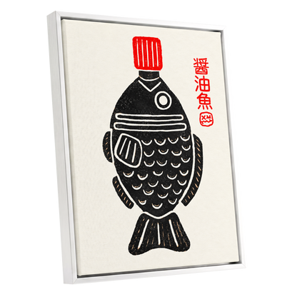 Scarlet Cap Fish, black, red, beige minimalist wall art shown as a white framed canvas wall art