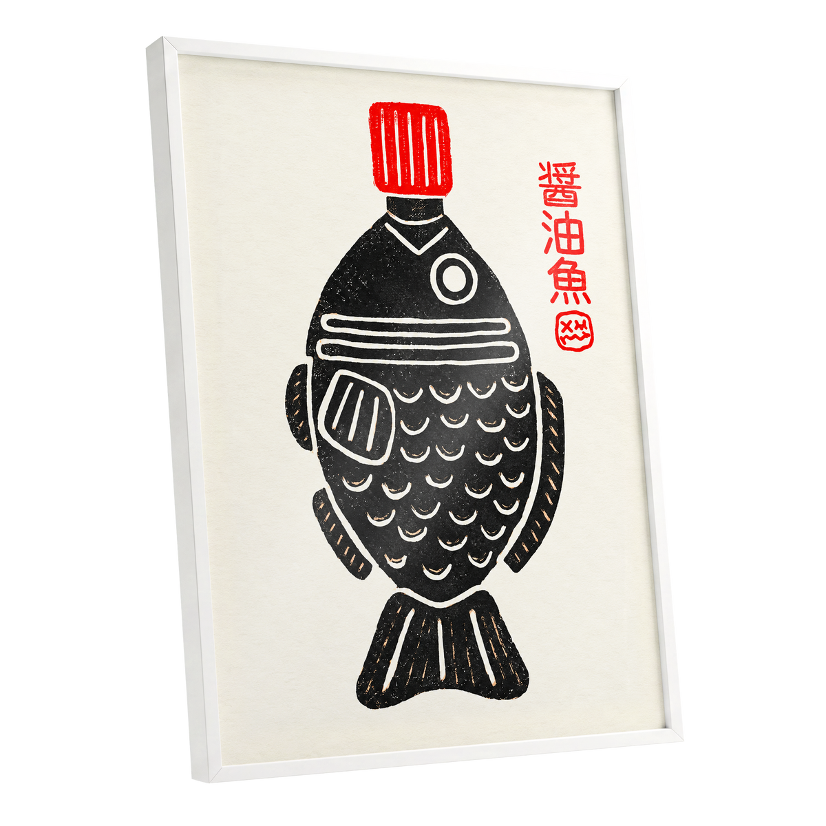 Scarlet Cap Fish, black, red, beige minimalist wall art shown as a white framed poster wall art print