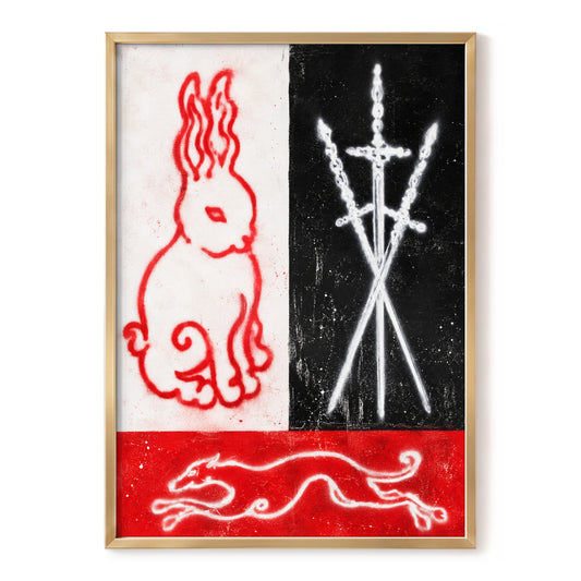 Scarlet Chase, red, black, white abstract wall art, front artwork view