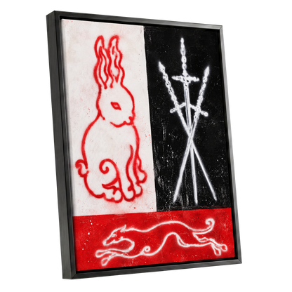 Scarlet Chase, red, black, white abstract wall art shown as a black framed canvas wall art