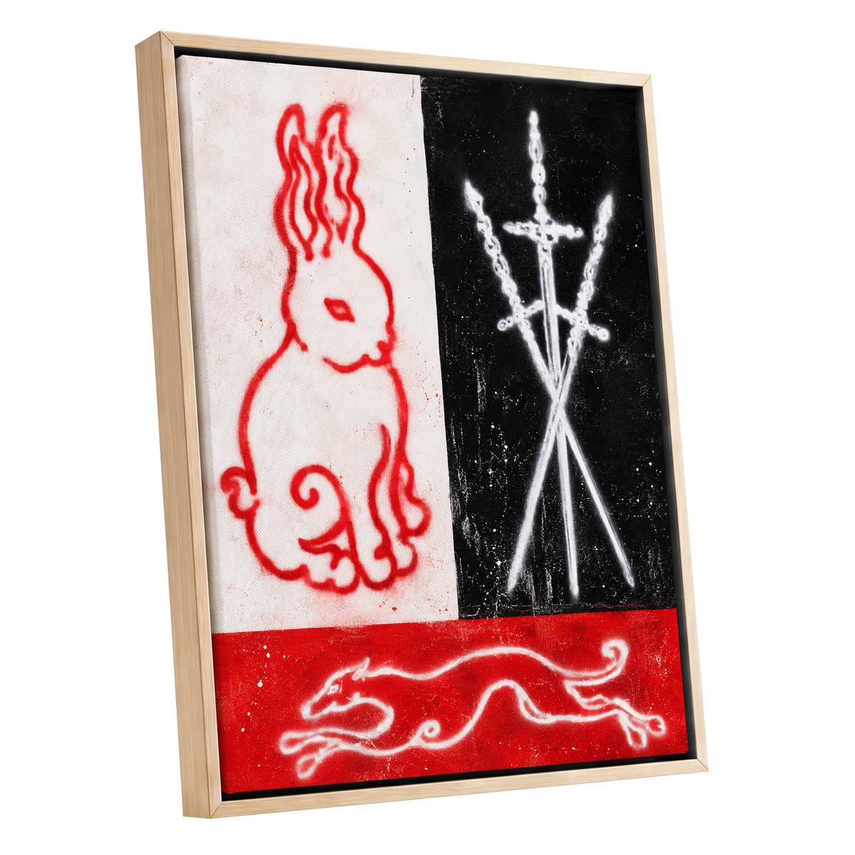 Scarlet Chase, red, black, white abstract wall art shown as a oak framed canvas wall art