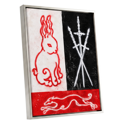Scarlet Chase, red, black, white abstract wall art shown as a silver framed canvas wall art