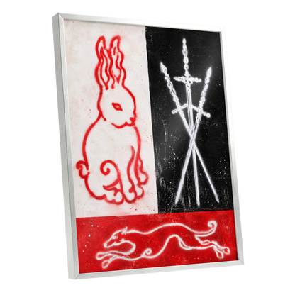 Scarlet Chase, red, black, white abstract wall art shown as a silver framed poster wall art print