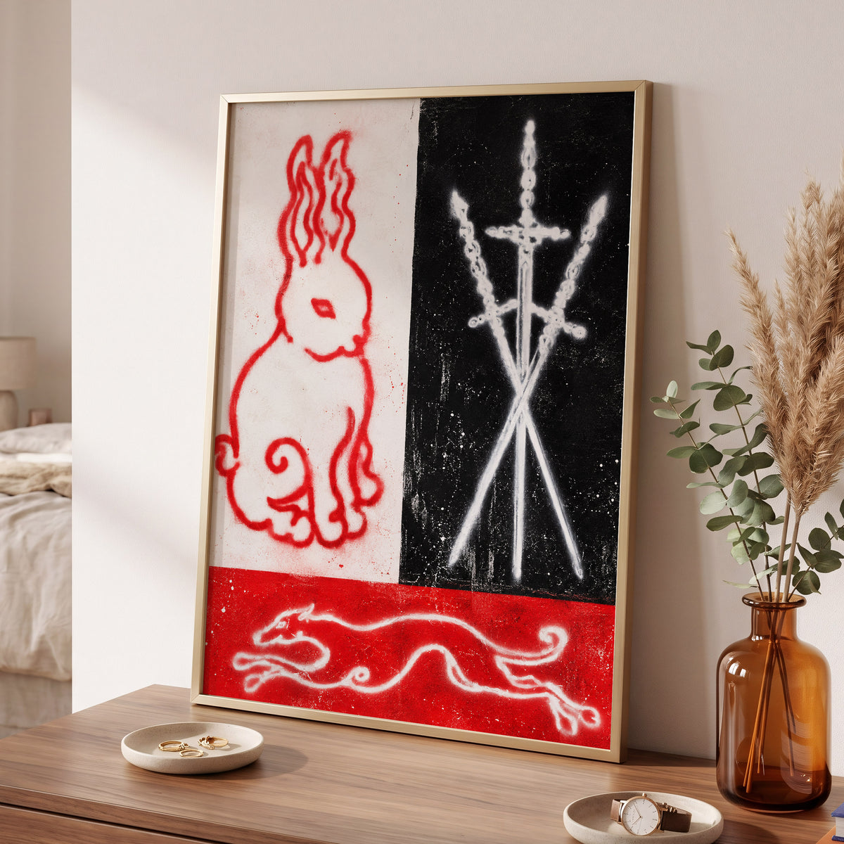 Scarlet Chase, red, black, white abstract wall art displayed in a styled interior, gallery view 2