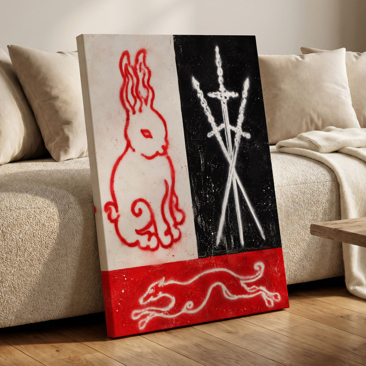 Scarlet Chase, red, black, white abstract wall art displayed in a styled interior, gallery view 3