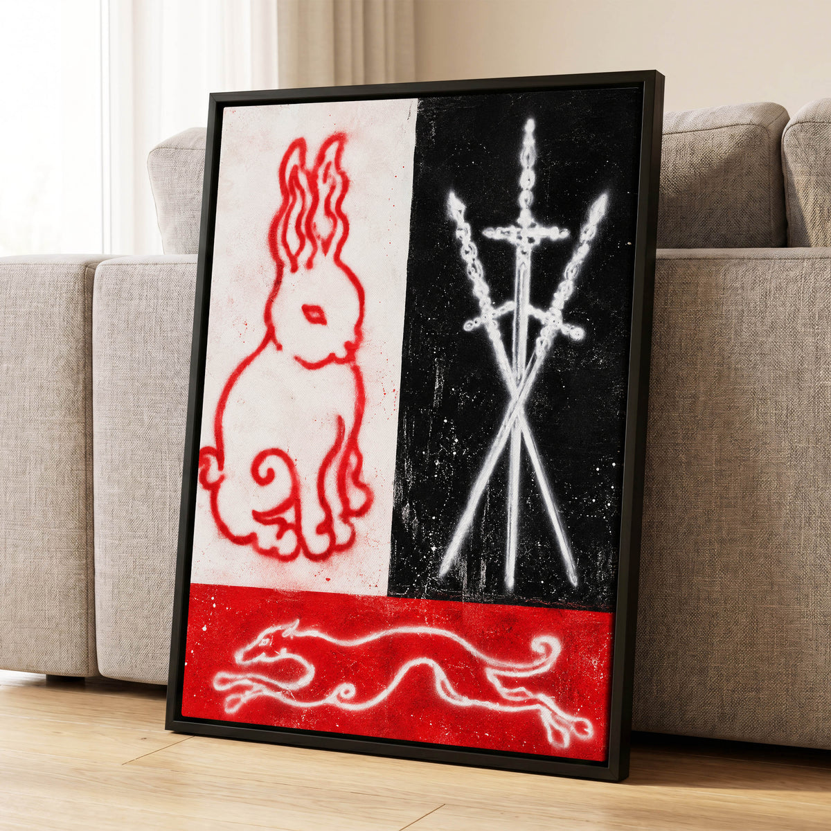 Scarlet Chase, red, black, white abstract wall art displayed in a styled interior, gallery view 4