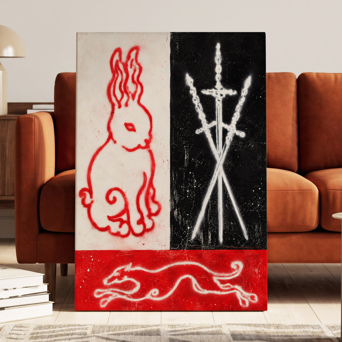 Scarlet Chase, red, black, white abstract wall art displayed in a styled interior, gallery view 7