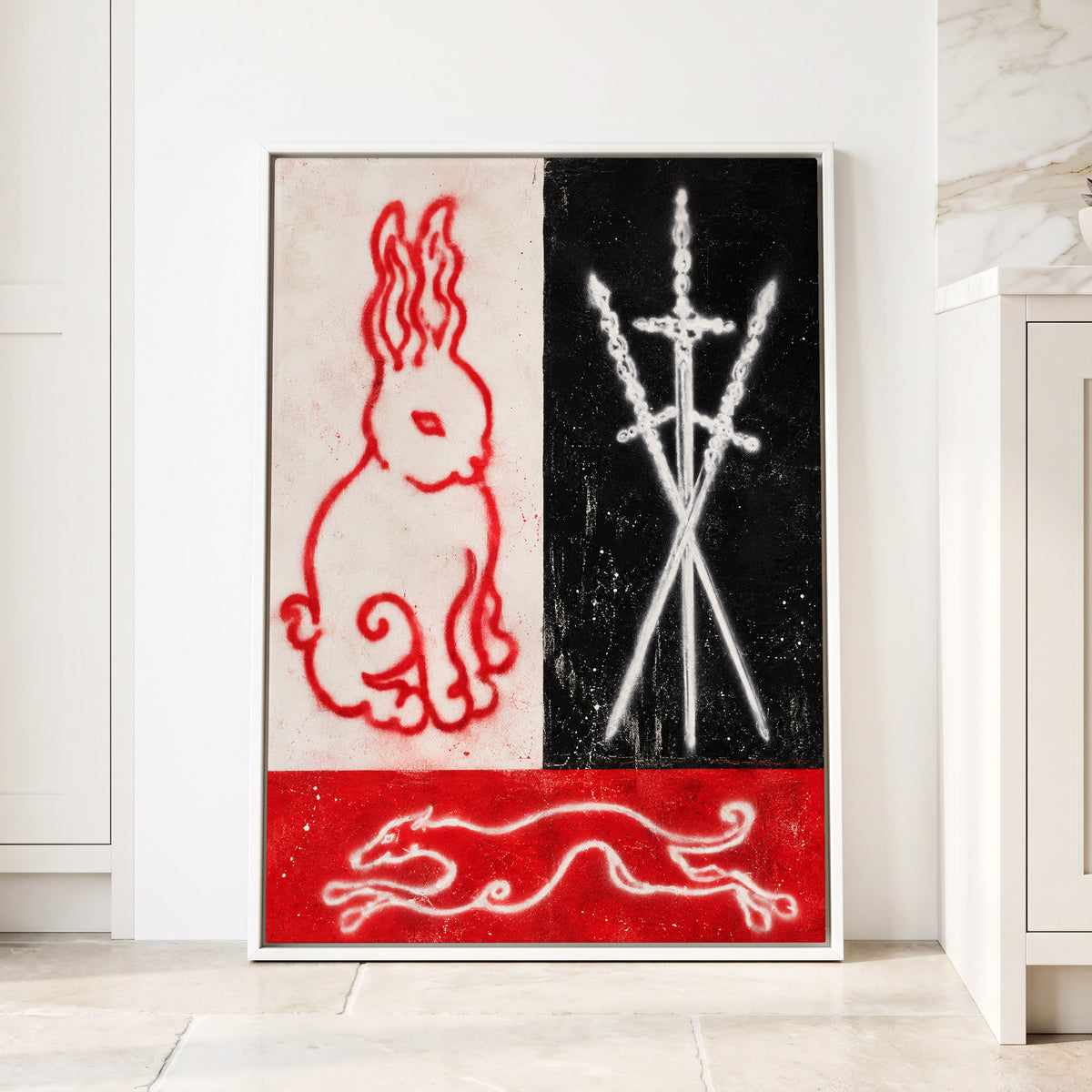 Scarlet Chase, red, black, white abstract wall art displayed in a styled interior, gallery view 8