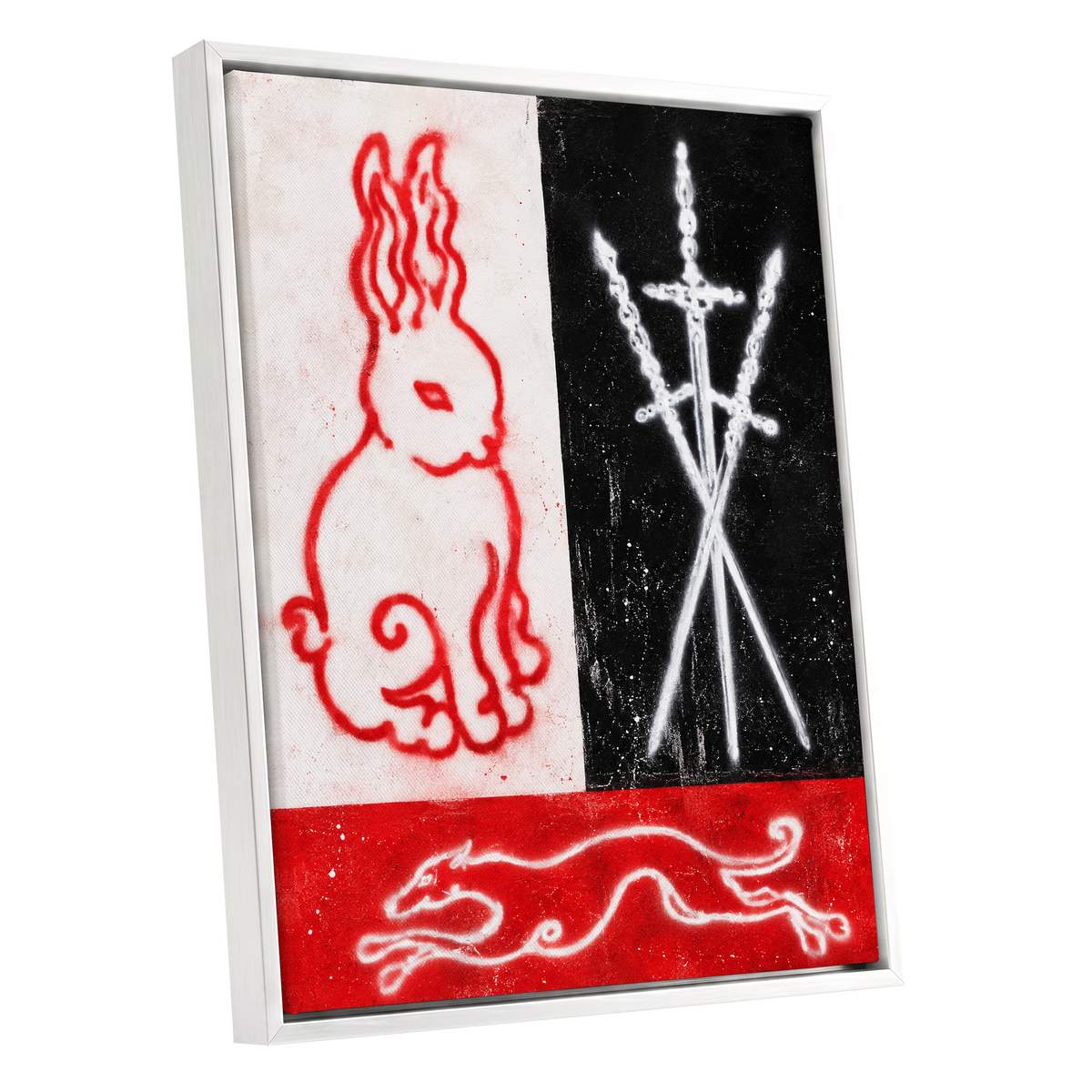 Scarlet Chase, red, black, white abstract wall art shown as a white framed canvas wall art