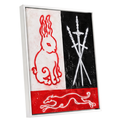 Scarlet Chase, red, black, white abstract wall art shown as a white framed canvas wall art