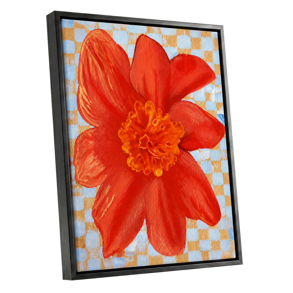 Scarlet Check Bloom, red, orange, yellow floral wall art shown as a black framed canvas wall art
