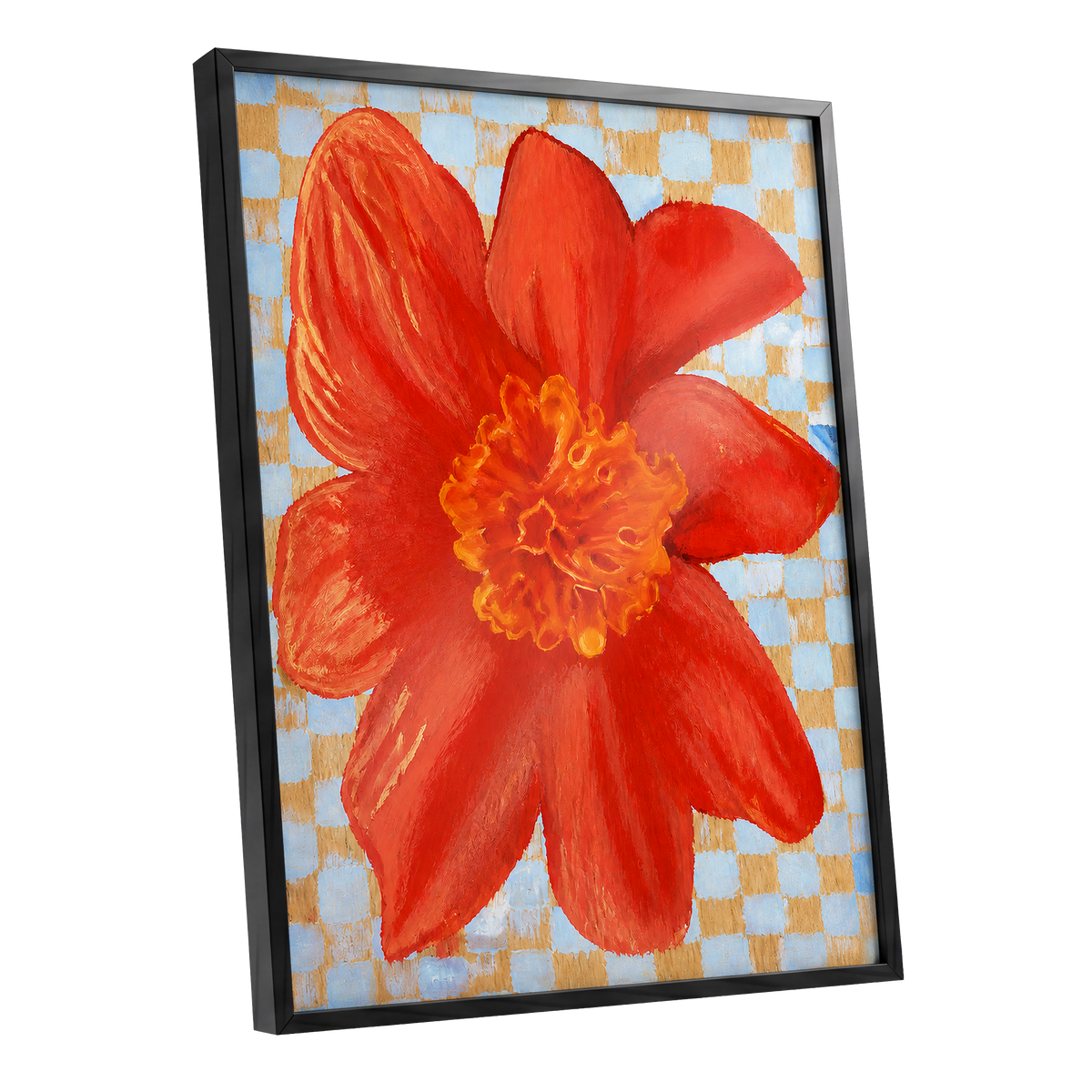 Scarlet Check Bloom, red, orange, yellow floral wall art shown as a black framed poster wall art print
