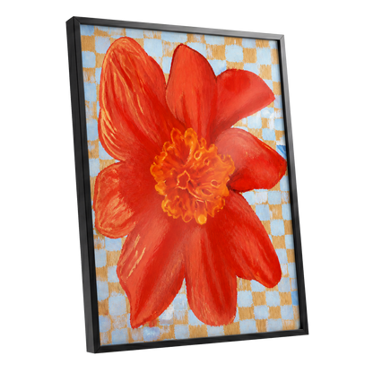 Scarlet Check Bloom, red, orange, yellow floral wall art shown as a black framed poster wall art print