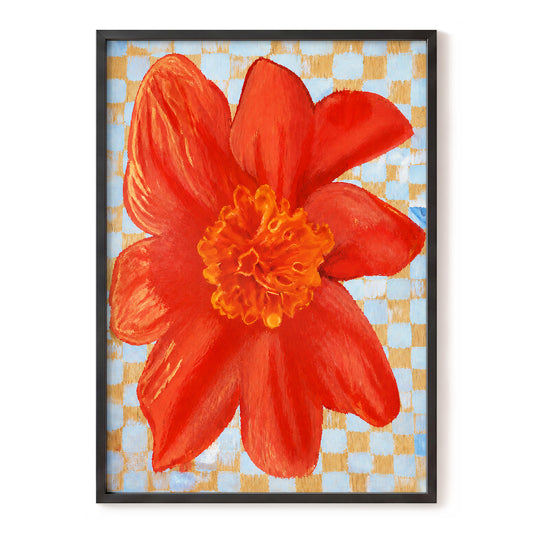 Scarlet Check Bloom, red, orange, yellow floral wall art, front artwork view