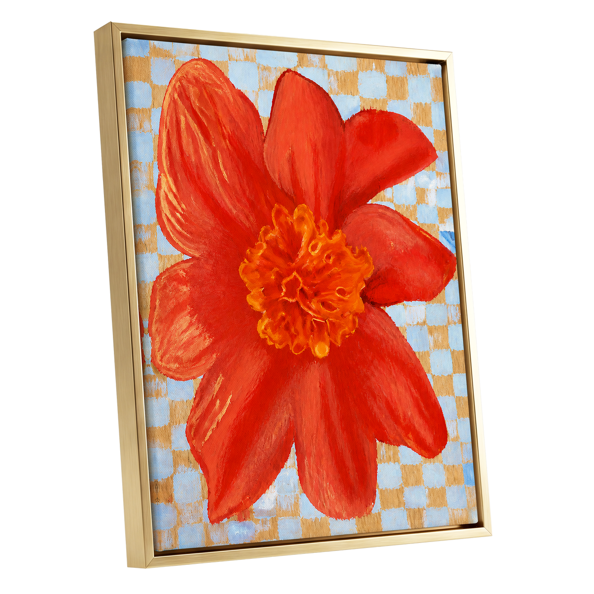 Scarlet Check Bloom, red, orange, yellow floral wall art shown as a gold framed canvas wall art