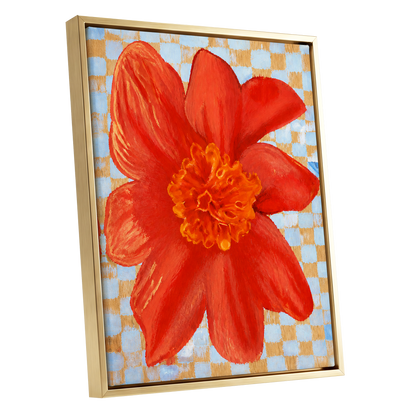 Scarlet Check Bloom, red, orange, yellow floral wall art shown as a gold framed canvas wall art