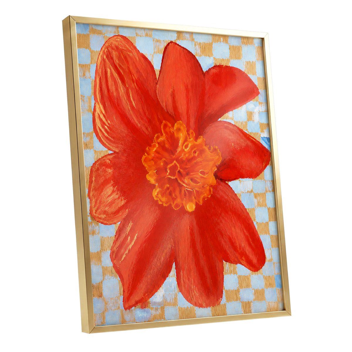 Scarlet Check Bloom, red, orange, yellow floral wall art shown as a gold framed poster wall art print